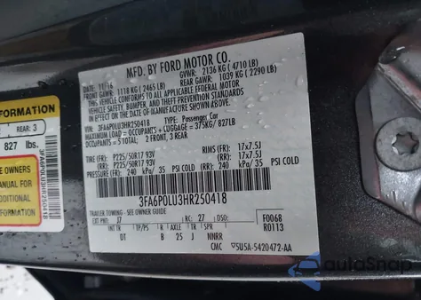 2017 Ford Fusion Hybrid Se из США, поврежденный, VIN 3FA6P0LU3HR250418